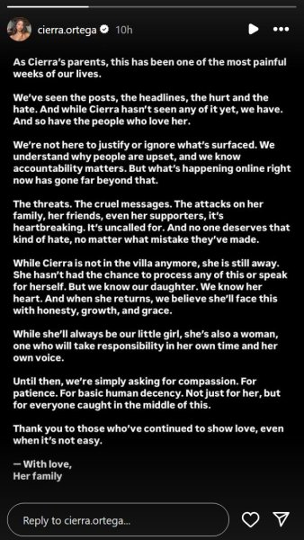 Cierra Ortega's parents seek 'compassion' after 'Love Island' firing