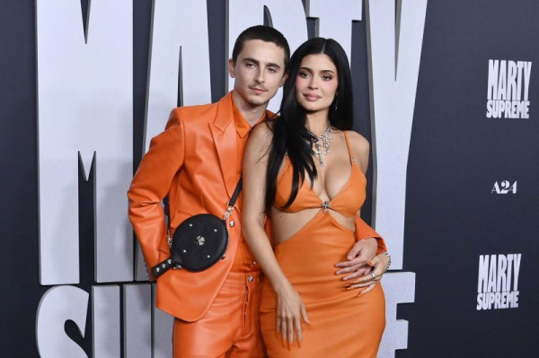 Timothee Chalamet, Kylie Jenner twin in orange at 'Supreme' premiere